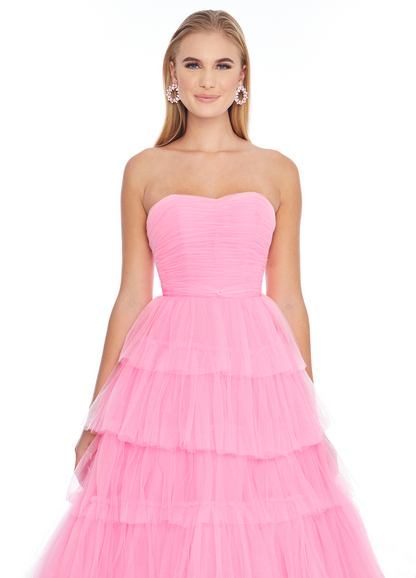 Pink Strapless Sweetheart Tiered Tulle Prom Dress Ruched Bodice Princess A-Line Prom Gown