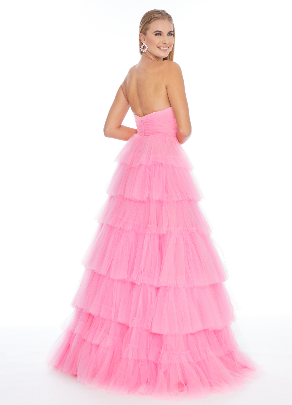 Pink Strapless Sweetheart Tiered Tulle Prom Dress Ruched Bodice Princess A-Line Prom Gown