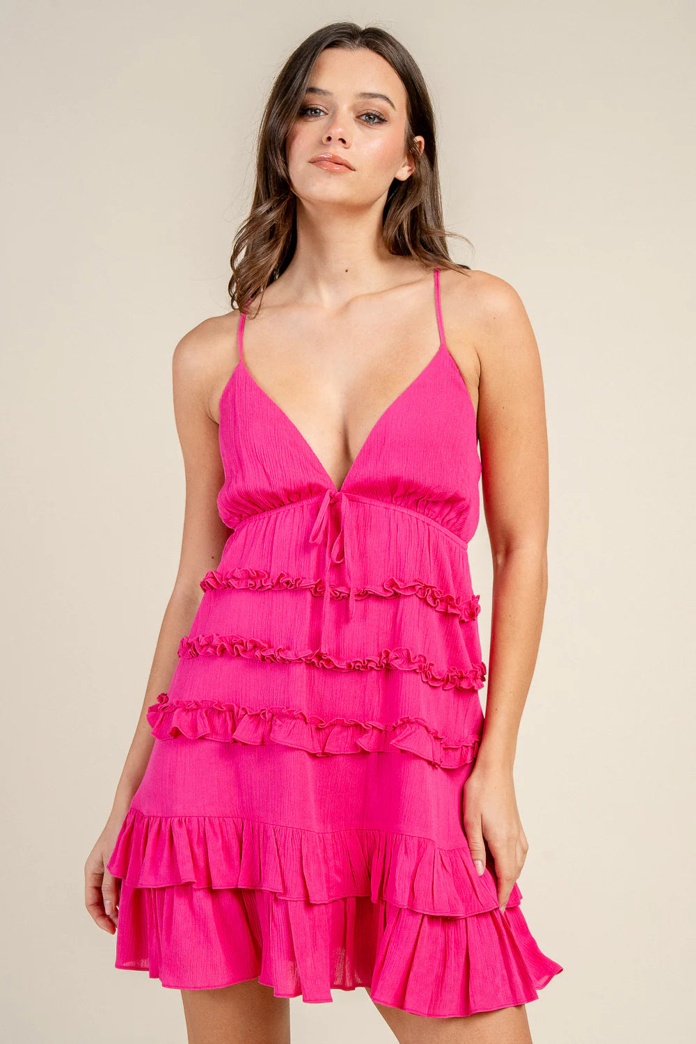 Playful A Line Deep V Thin Strap Crisscross Tie Back Tiered Ruffle Mini Homecoming Dress