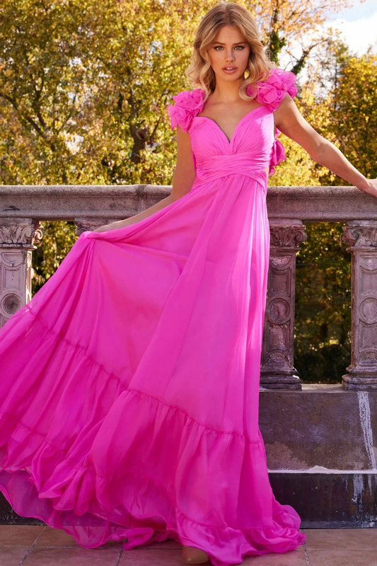 Playful Flowy A-Line V-Neck Decorative Shoulder Cutout Back Tiered Floor-Length Evening Dress