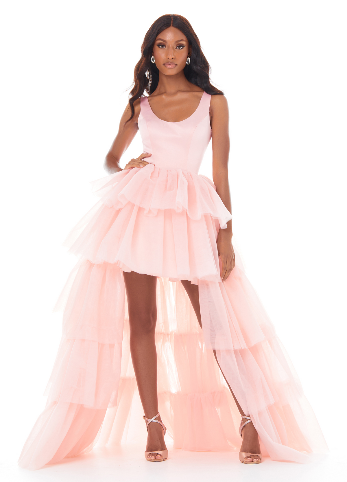 Playful Scoop Neck Satin Bodice High Low Tiered Tulle Prom Dress