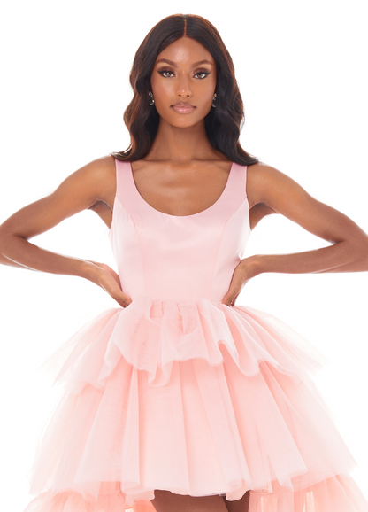 Playful Scoop Neck Satin Bodice High Low Tiered Tulle Prom Dress