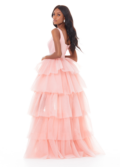 Playful Scoop Neck Satin Bodice High Low Tiered Tulle Prom Dress