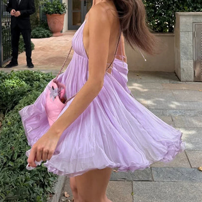 Playful Chiffon A-Line Deep V-Neck Halter Sleeveless Open Back Mini Homecoming Dresses