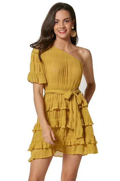 Playful Chiffon A-Line One-Shoulder Ruffled Short Simple Back Homecoming Dresses
