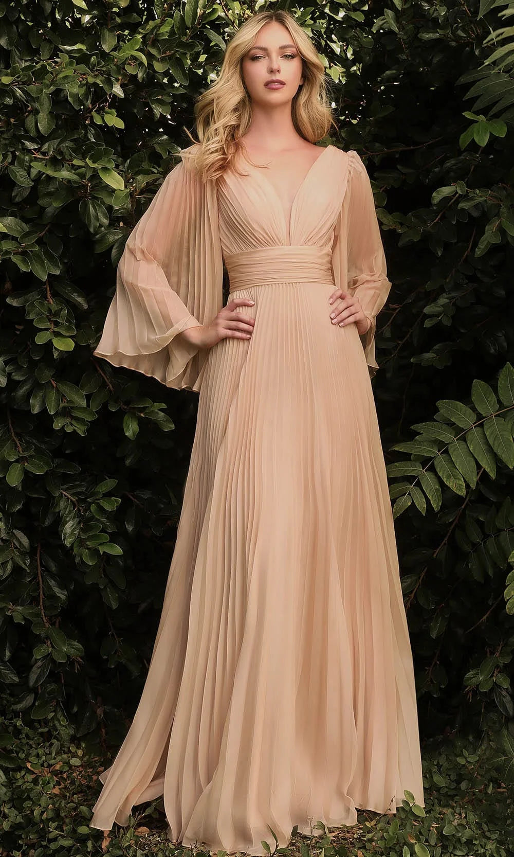 Pleated Chiffon A-Line Gown with V-Neck, Flared Sleeves, Waistband for Mother of the Bride
