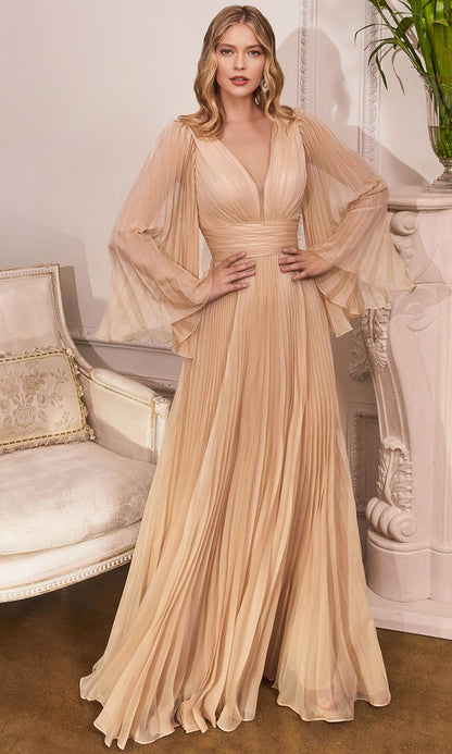 Pleated Chiffon A-Line Gown with V-Neck, Flared Sleeves, Waistband for Mother of the Bride
