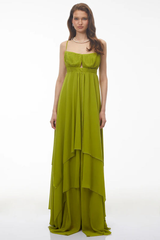 Pleated Chiffon A-Line Spaghetti Strap Floor Length Evening Dress with Tiered Skirt and Keyhole Cutout