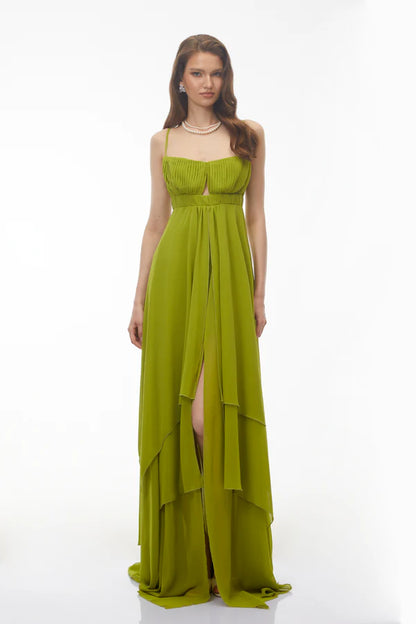 Pleated Chiffon A-Line Spaghetti Strap Floor Length Evening Dress with Tiered Skirt and Keyhole Cutout