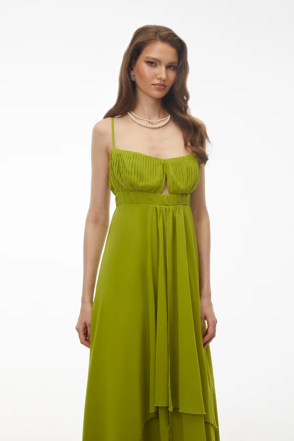 Pleated Chiffon A-Line Spaghetti Strap Floor Length Evening Dress with Tiered Skirt and Keyhole Cutout