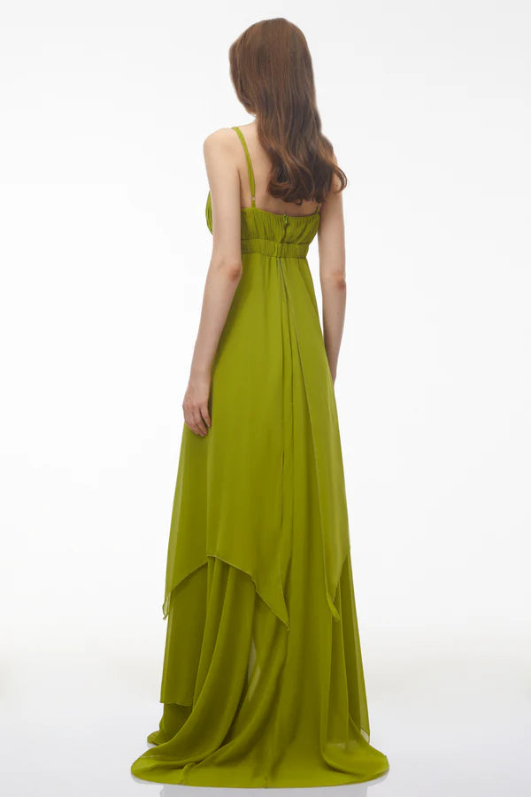Pleated Chiffon A-Line Spaghetti Strap Floor Length Evening Dress with Tiered Skirt and Keyhole Cutout
