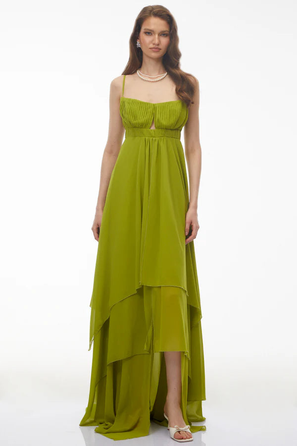 Pleated Chiffon A-Line Spaghetti Strap Floor Length Evening Dress with Tiered Skirt and Keyhole Cutout