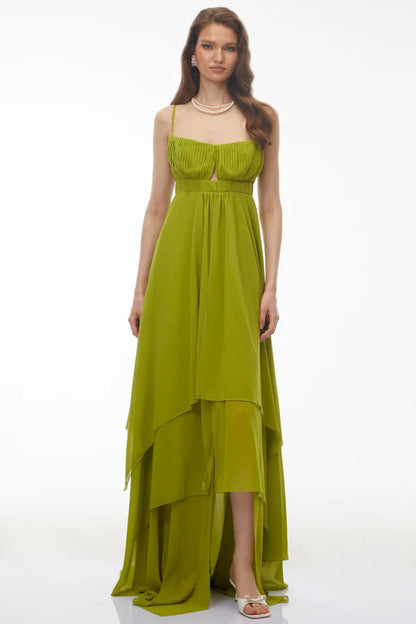 Pleated Chiffon A-Line Spaghetti Strap Floor Length Evening Dress with Tiered Skirt and Keyhole Cutout