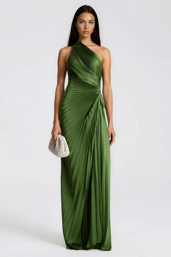 Pleated Satin One Shoulder Floor Length Evening Dress with Open Back and Twist Waist