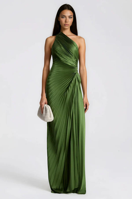 Pleated Satin One Shoulder Floor Length Evening Dress with Open Back and Twist Waist