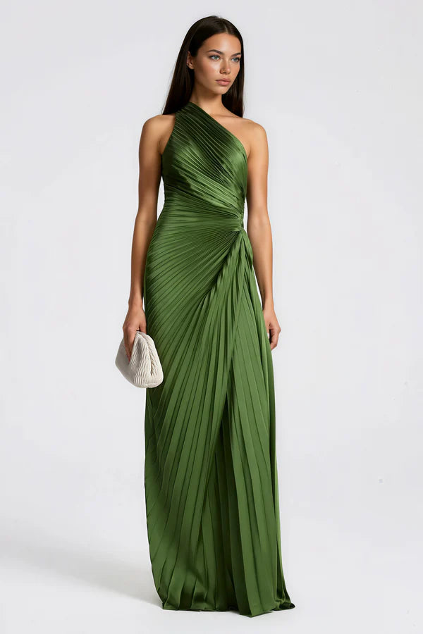 Pleated Satin One Shoulder Floor Length Evening Dress with Open Back and Twist Waist