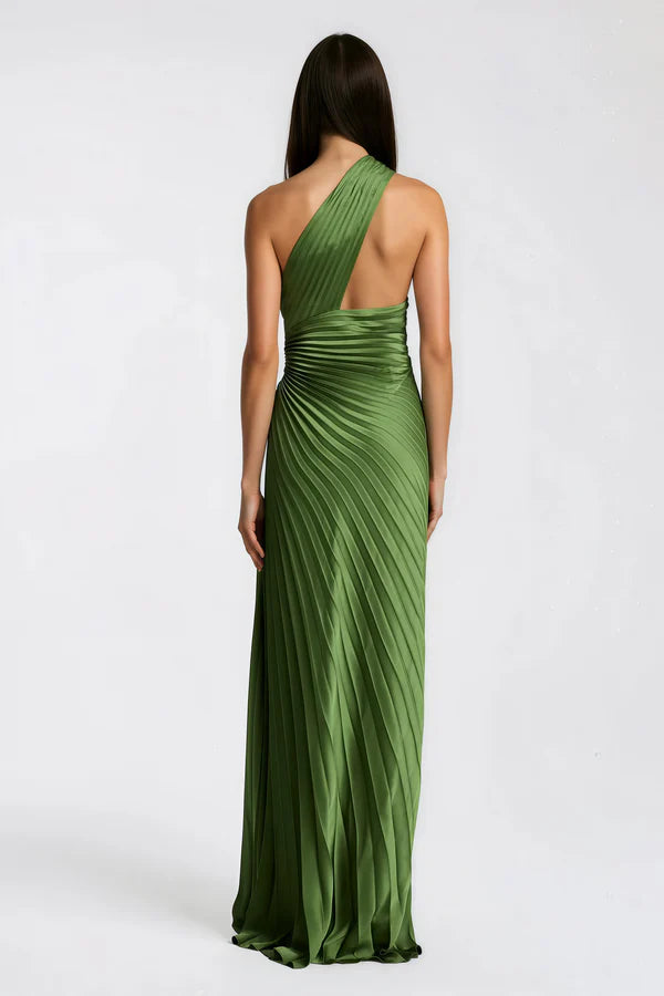 Pleated Satin One Shoulder Floor Length Evening Dress with Open Back and Twist Waist