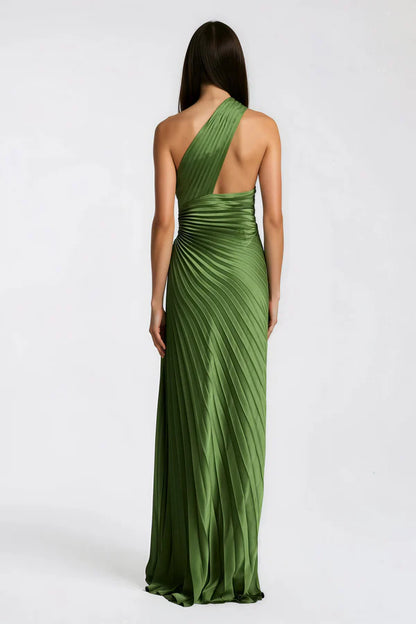 Pleated Satin One Shoulder Floor Length Evening Dress with Open Back and Twist Waist
