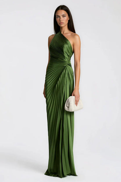 Pleated Satin One Shoulder Floor Length Evening Dress with Open Back and Twist Waist