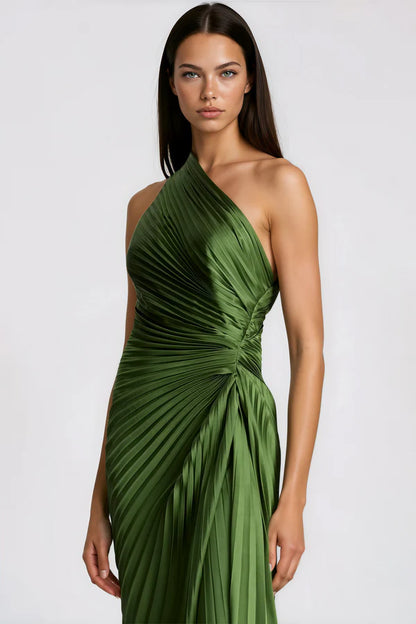 Pleated Satin One Shoulder Floor Length Evening Dress with Open Back and Twist Waist