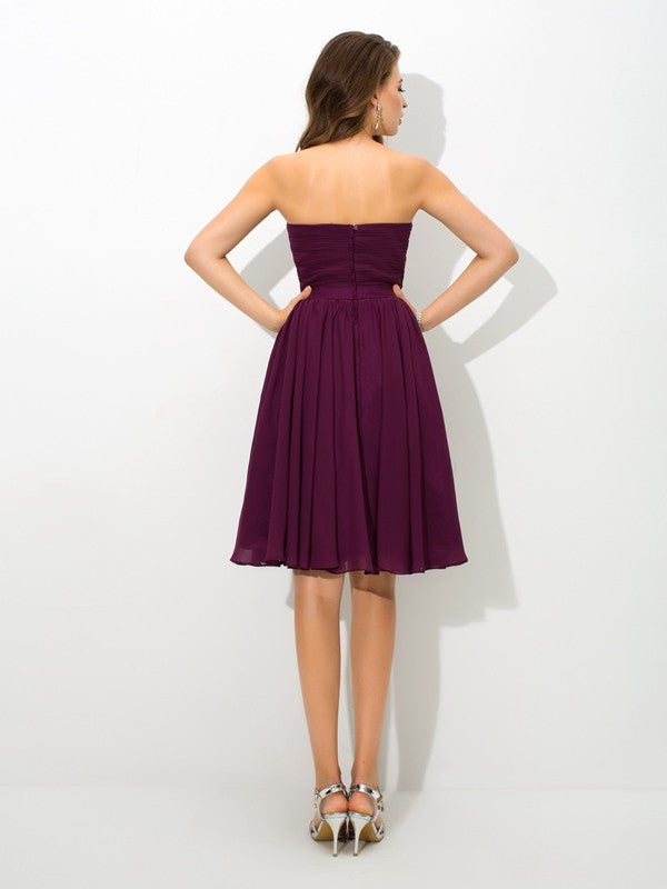 Plum A-line Strapless Sweetheart Ruched Bodice Knee Length Chiffon Bridesmaid Dress