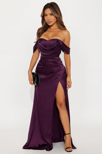 Plum off shoulder cowl drape satin high slit maxi evening dress