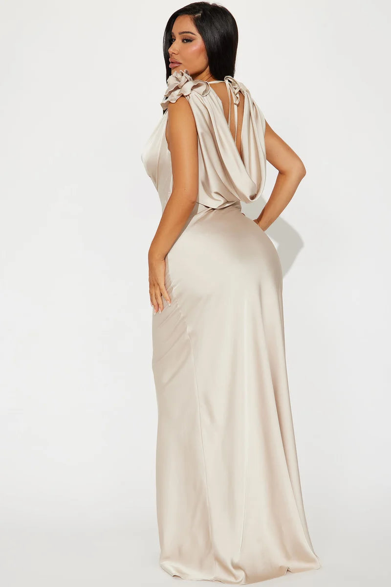 Plus Size Champagne Satin Cowl Neck 3D Flower Mermaid Maxi Formal Evening Dress