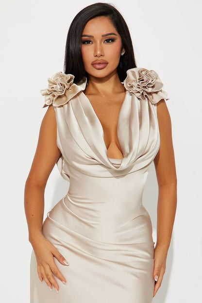 Plus Size Champagne Satin Cowl Neck 3D Flower Mermaid Maxi Formal Evening Dress