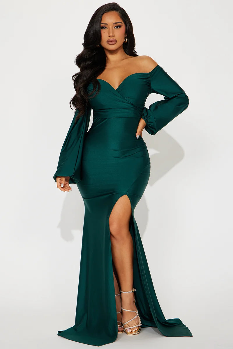 Plus Size Emerald Satin Off Shoulder Long Sleeve Slit Mermaid Evening Dress