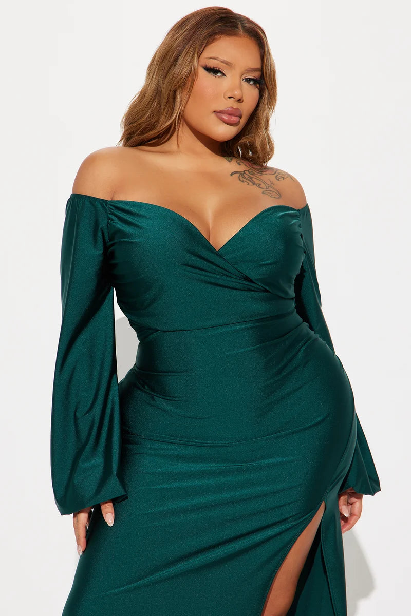 Plus Size Emerald Satin Off Shoulder Long Sleeve Slit Mermaid Evening Dress