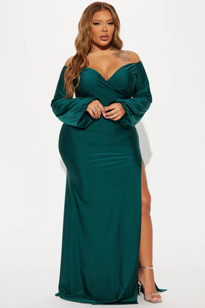 Plus Size Emerald Satin Off Shoulder Long Sleeve Slit Mermaid Evening Dress