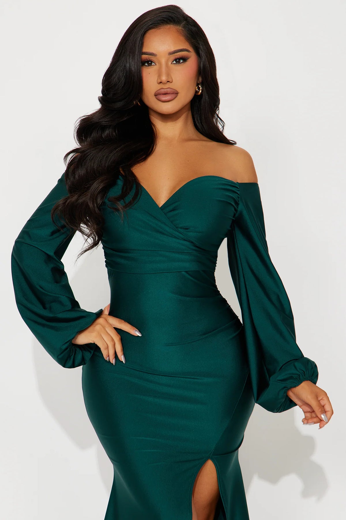 Plus Size Emerald Satin Off Shoulder Long Sleeve Slit Mermaid Evening Dress