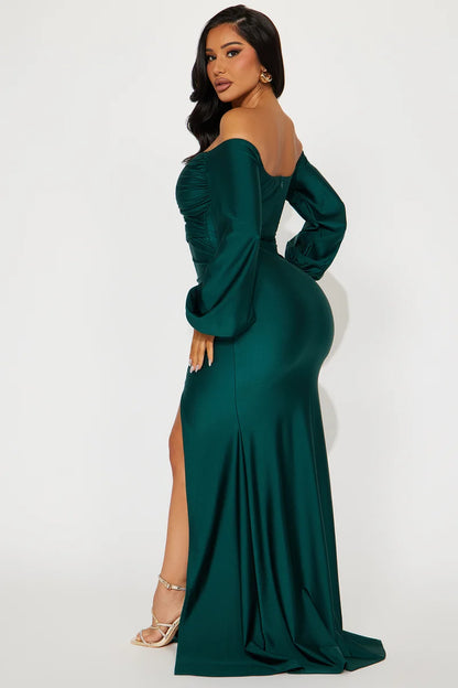 Plus Size Emerald Satin Off Shoulder Long Sleeve Slit Mermaid Evening Dress