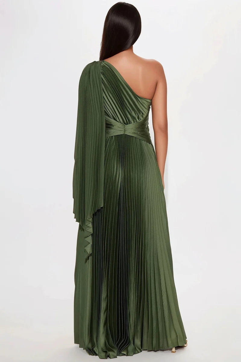 Plus Size Olive Green Satin Pleated One Shoulder Draped Evening Dress