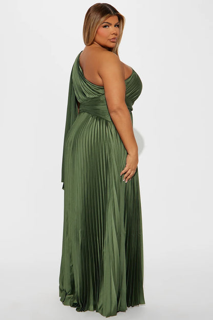 Plus Size Olive Green Satin Pleated One Shoulder Draped Evening Dress