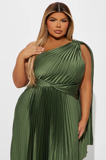 Plus Size Olive Green Satin Pleated One Shoulder Draped Evening Dress