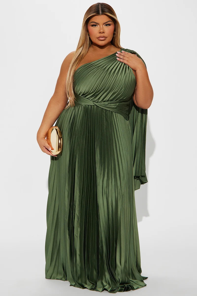 Plus Size Olive Green Satin Pleated One Shoulder Draped Evening Dress