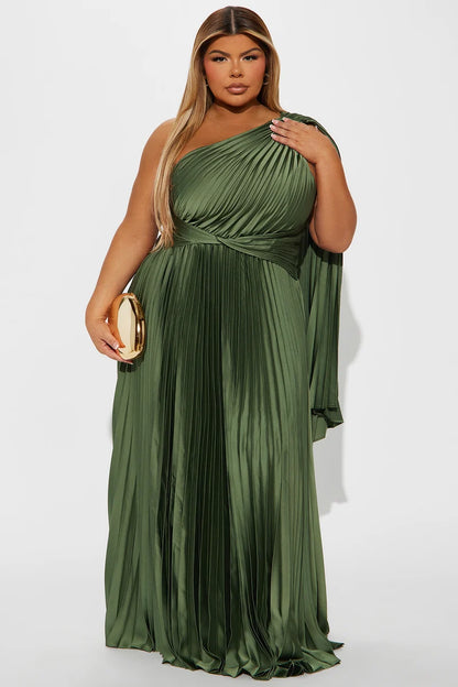 Plus Size Olive Green Satin Pleated One Shoulder Draped Evening Dress