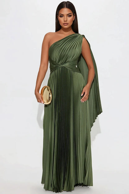 Plus Size Olive Green Satin Pleated One Shoulder Draped Evening Dress