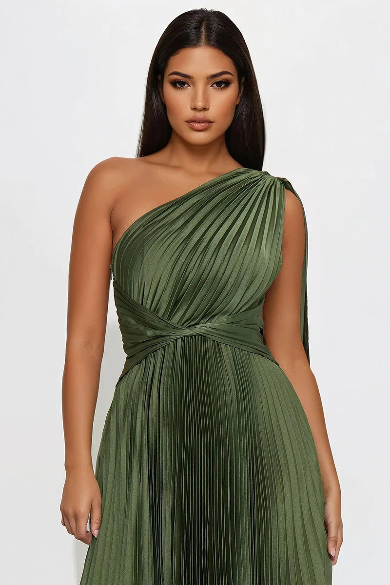 Plus Size Olive Green Satin Pleated One Shoulder Draped Evening Dress