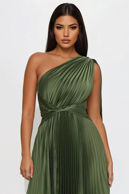 Plus Size Olive Green Satin Pleated One Shoulder Draped Evening Dress
