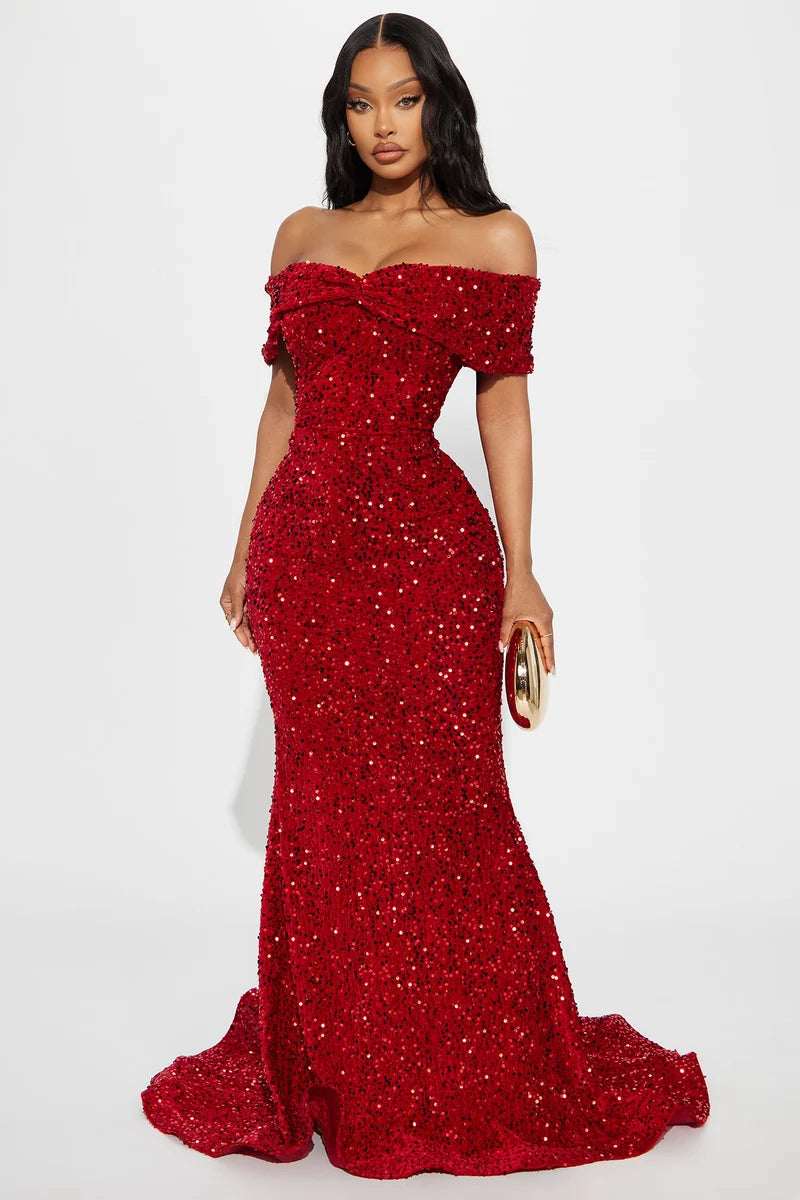 Plus Size Red Sequin Off Shoulder Sweetheart Mermaid Train Formal Prom Evening Dress