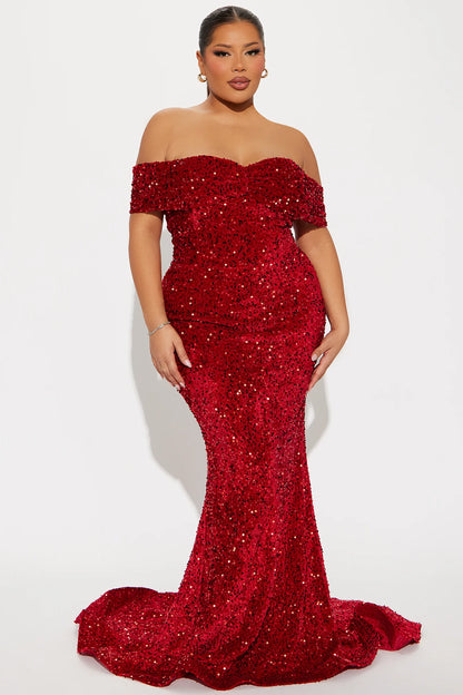 Plus Size Red Sequin Off Shoulder Sweetheart Mermaid Train Formal Prom Evening Dress
