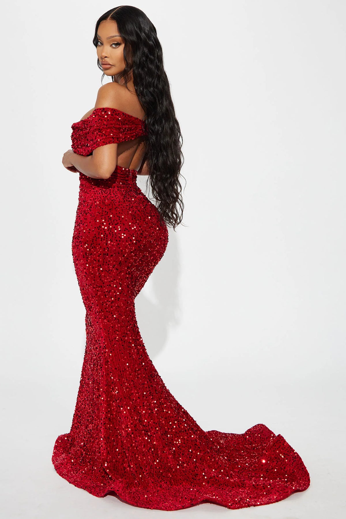 Plus Size Red Sequin Off Shoulder Sweetheart Mermaid Train Formal Prom Evening Dress