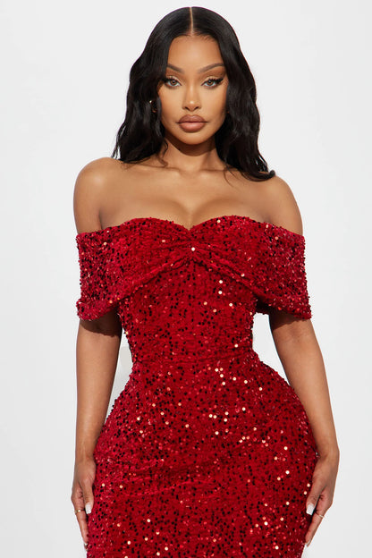 Plus Size Red Sequin Off Shoulder Sweetheart Mermaid Train Formal Prom Evening Dress