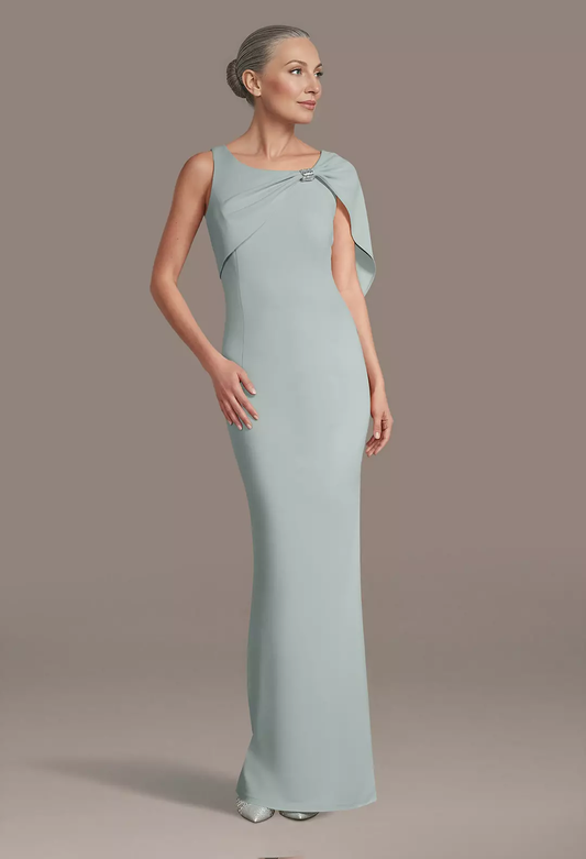 Poised One-Shoulder Mother of the Bride Dress with Draped Cape Overlay and Rhinestone Accent