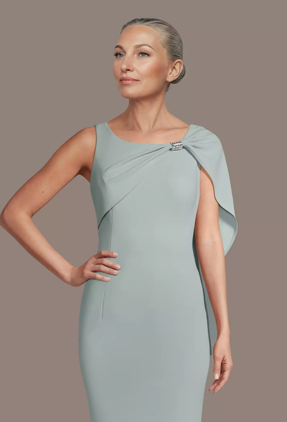 Poised One-Shoulder Mother of the Bride Dress with Draped Cape Overlay and Rhinestone Accent
