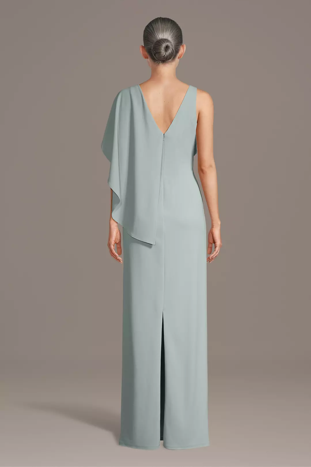 Poised One-Shoulder Mother of the Bride Dress with Draped Cape Overlay and Rhinestone Accent