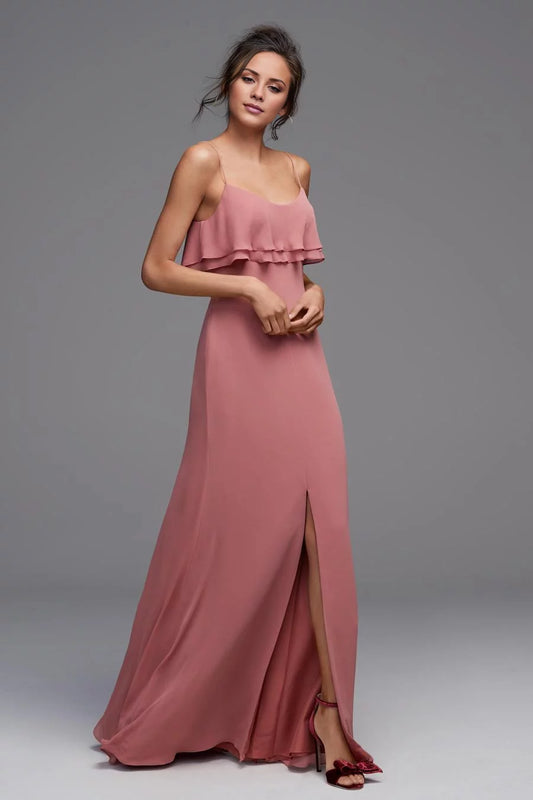 Polished A-Line Boat Neck Spaghetti Strap Ruffled Open-Back Side-Slit Floor-Length Evening Dress
