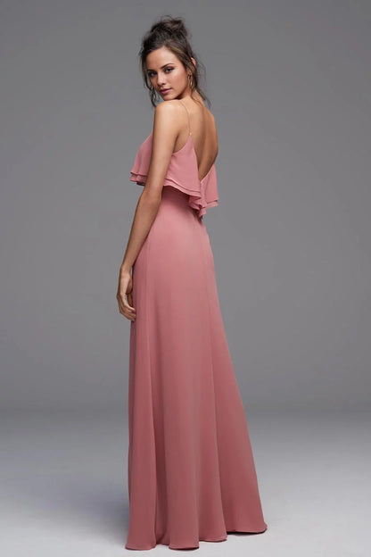 Polished A-Line Boat Neck Spaghetti Strap Ruffled Open-Back Side-Slit Floor-Length Evening Dress